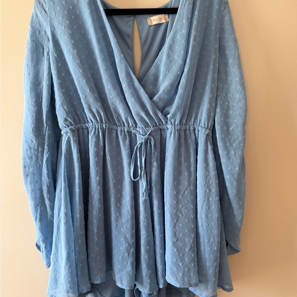 Women's Light Blue V-Neck Drawstring Romper